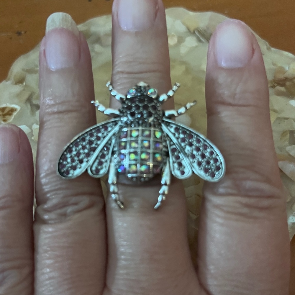 Sparkling Beetle purple crystal silver tone adjustable ring - Picture 3 of 6